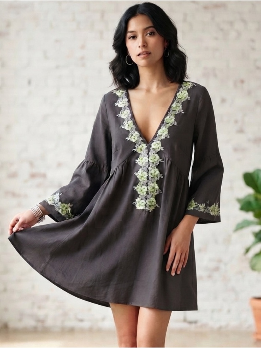 VELA Gray Embroidered Floral Babydoll Dress V-Neck Bell Sleeve Mini Dress Indian